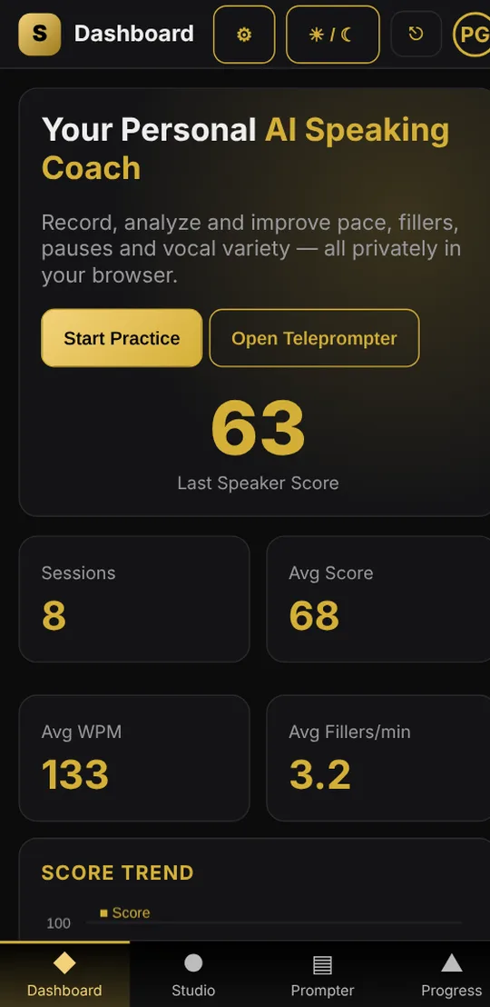 Speakpreneur.Ai dashboard on a phone
